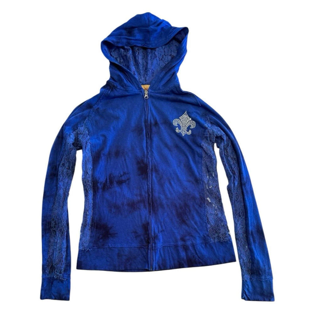 Cowgirl Legend Distressed Lace Hoodie Zip Jacket Womens Large Blue Lightweight - Picture 15 of 16